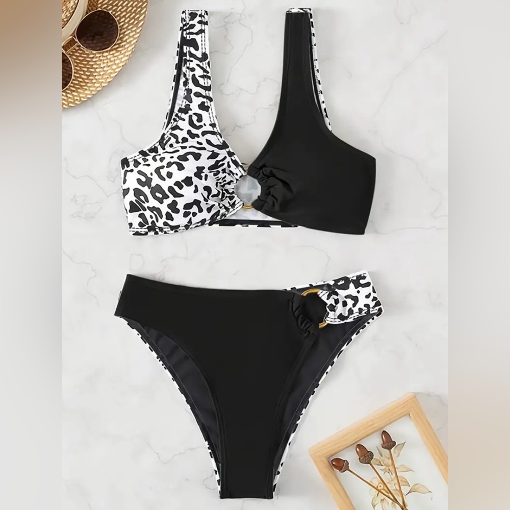 Black White Leopard O Ring High Waisted Bikini Set - Picture 3 of 7